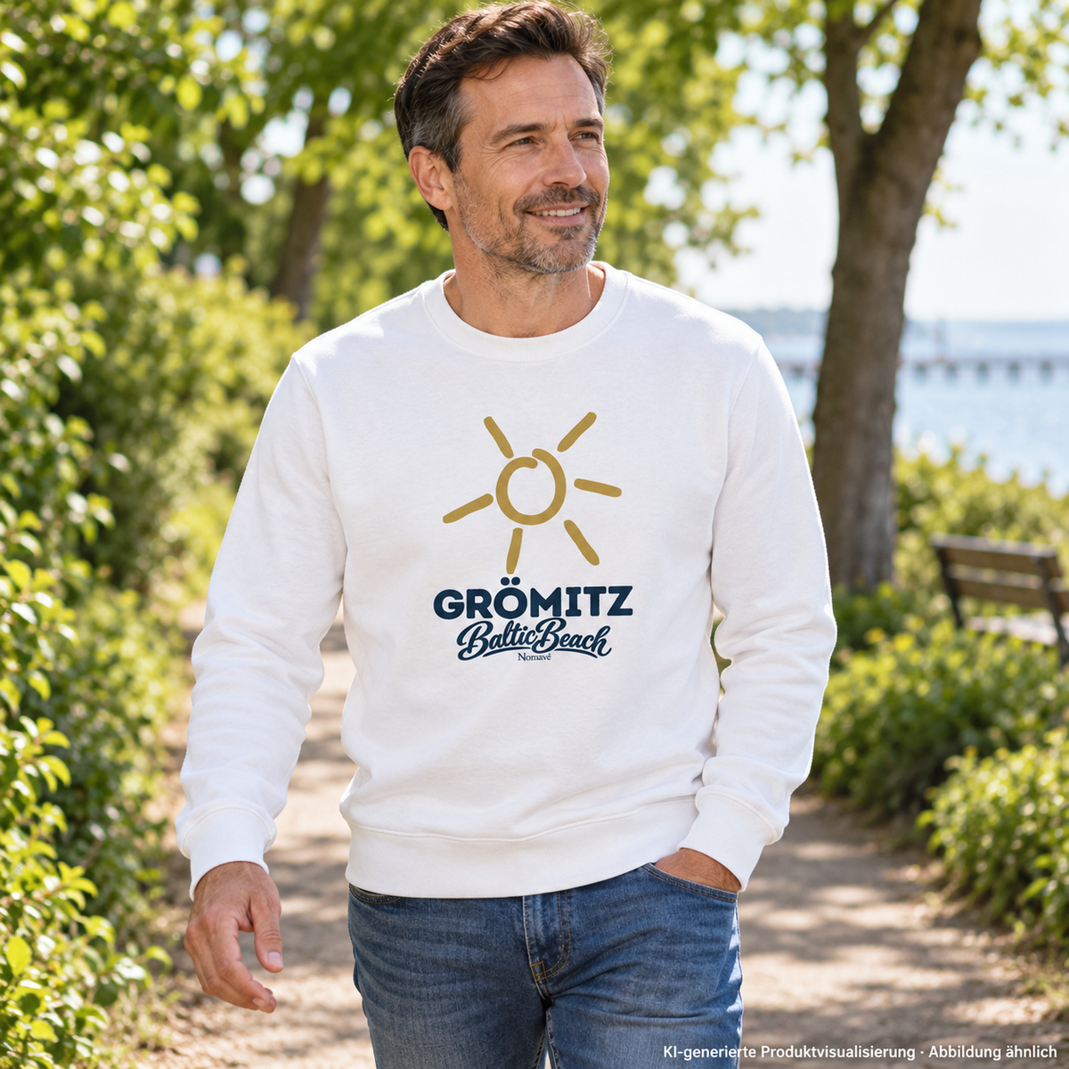 Grömitz Sonne Unisex Sweatshirt in Weiß mit Baltic-Beach-Frontdruck – Mann im Park, KI-Produktvisualisierung