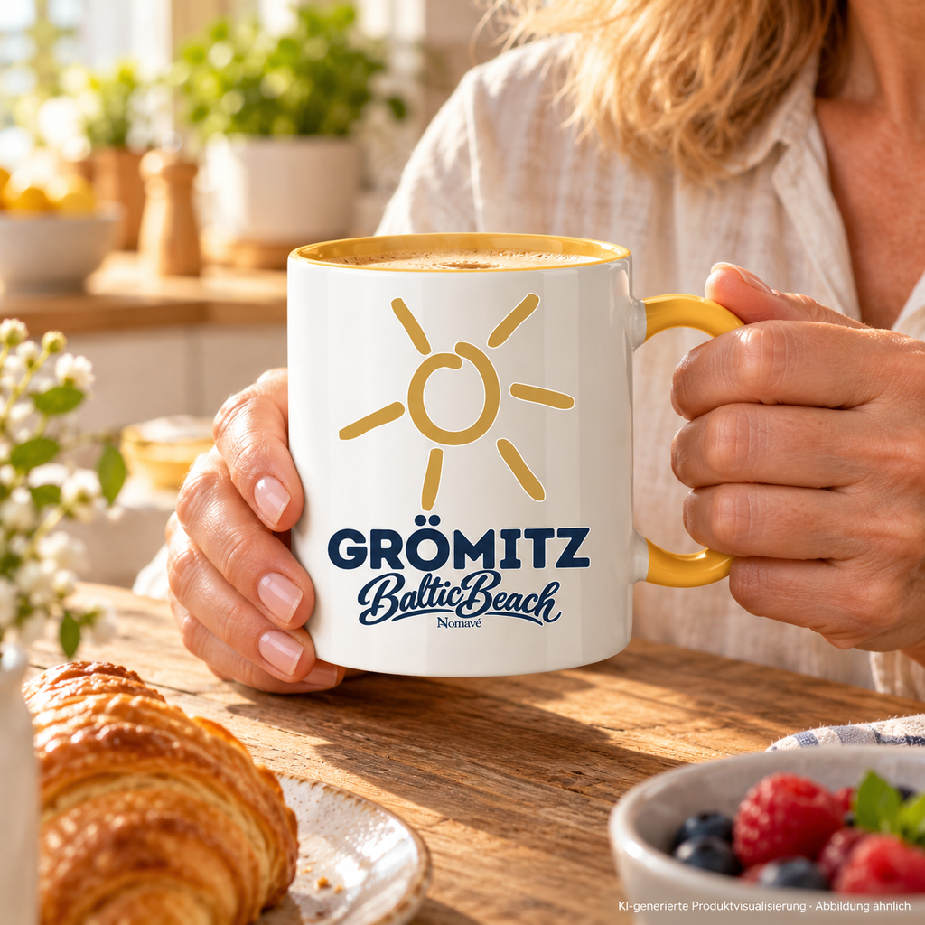 Grömitz Sonne zweifarbige Tasse 330 ml mit goldgelbem Henkel und Innenfläche – warme Frühstücksszene in Frauenhänden, KI-Produktvisualisierung