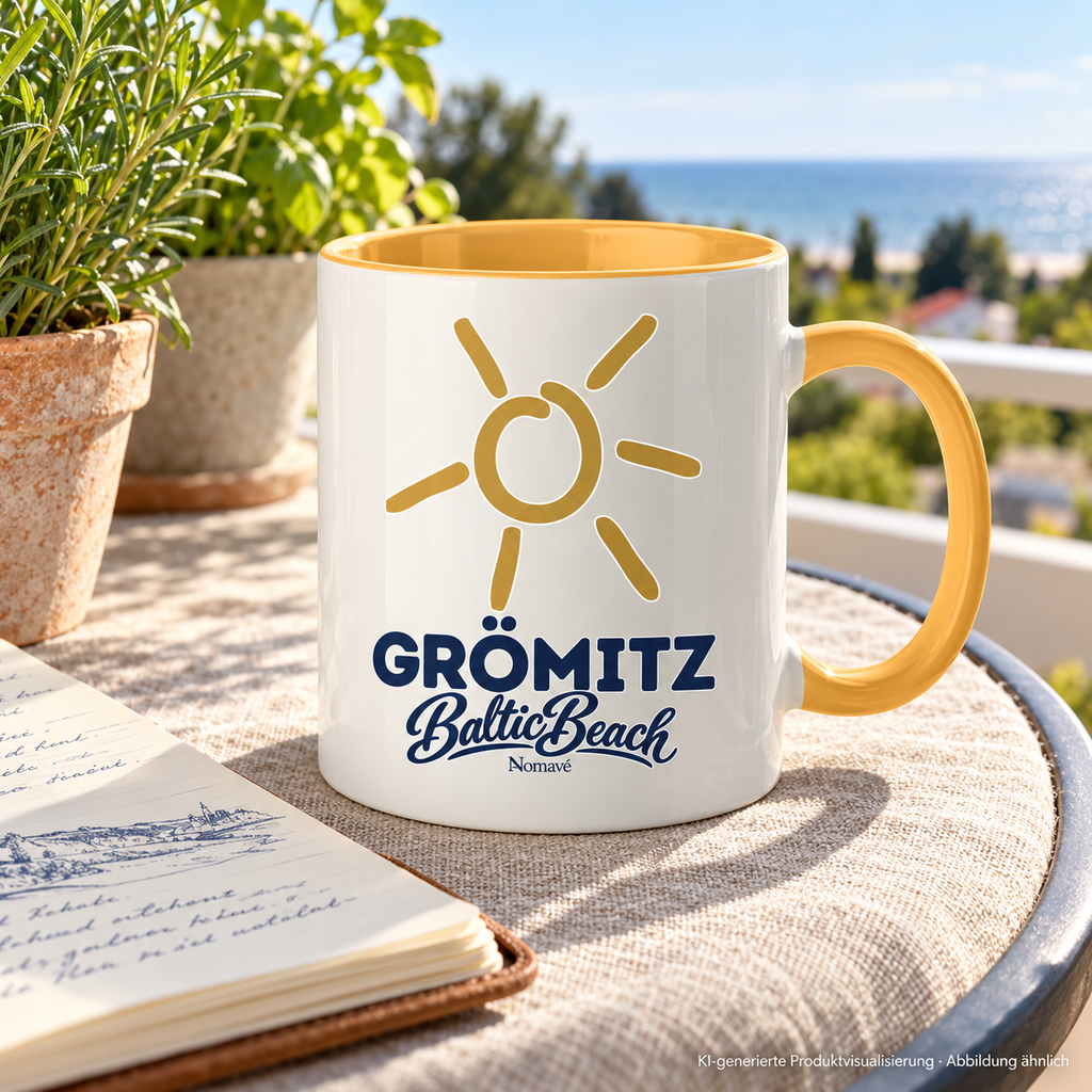 Grömitz Sonne zweifarbige Tasse 330 ml in Goldgelb auf einem Balkontisch neben Reisenotizen und Kräutern – KI-Produktvisualisierung