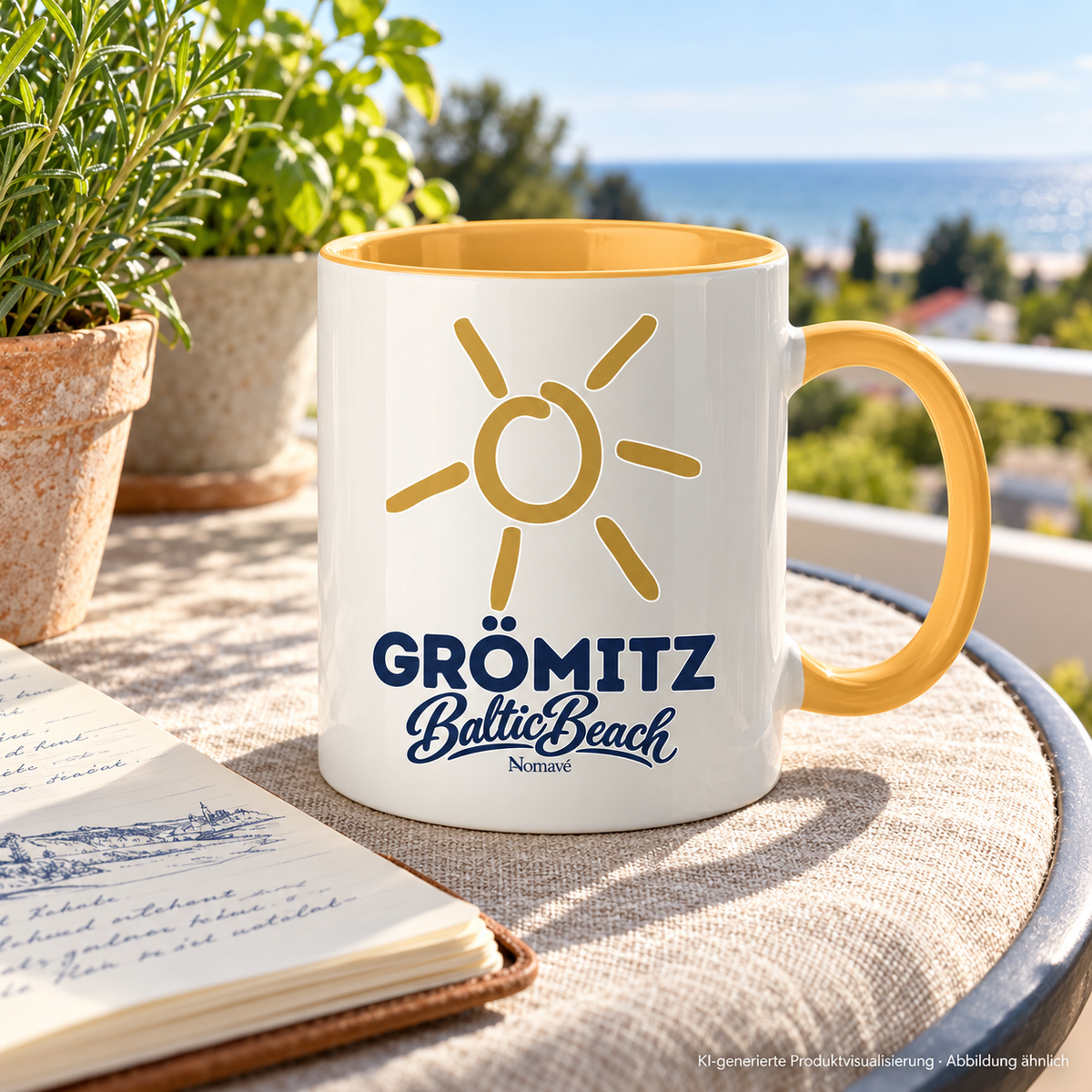 Grömitz Sonne zweifarbige Tasse 330 ml in Goldgelb auf einem Balkontisch neben Reisenotizen und Kräutern – KI-Produktvisualisierung
