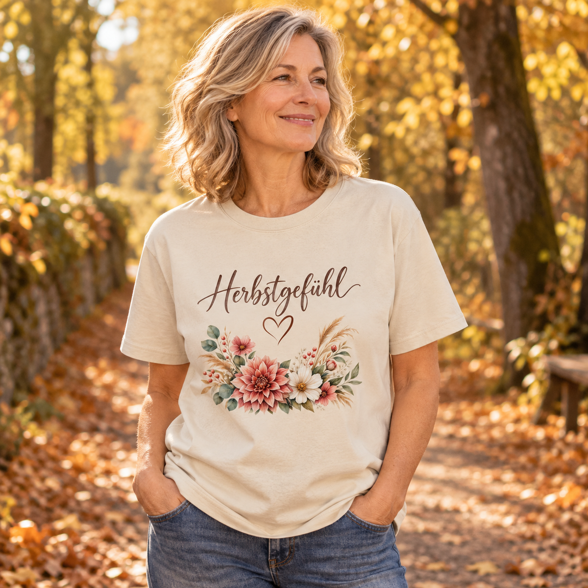 Frau trägt Herbstgefühl Autumn Bloom Bio-Heavy T-Shirt auf einem Herbstweg