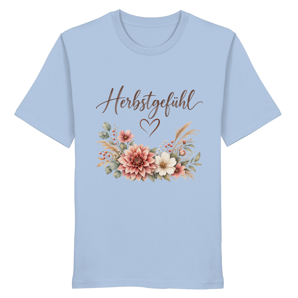 Herbstgefühl – Autumn Bloom – Bio T-Shirt – Vorderansicht in blue soul