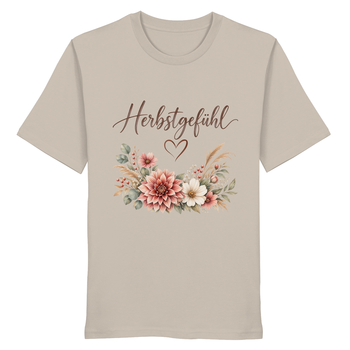 Herbstgefühl – Autumn Bloom – Bio T-Shirt – Vorderansicht in desert dust