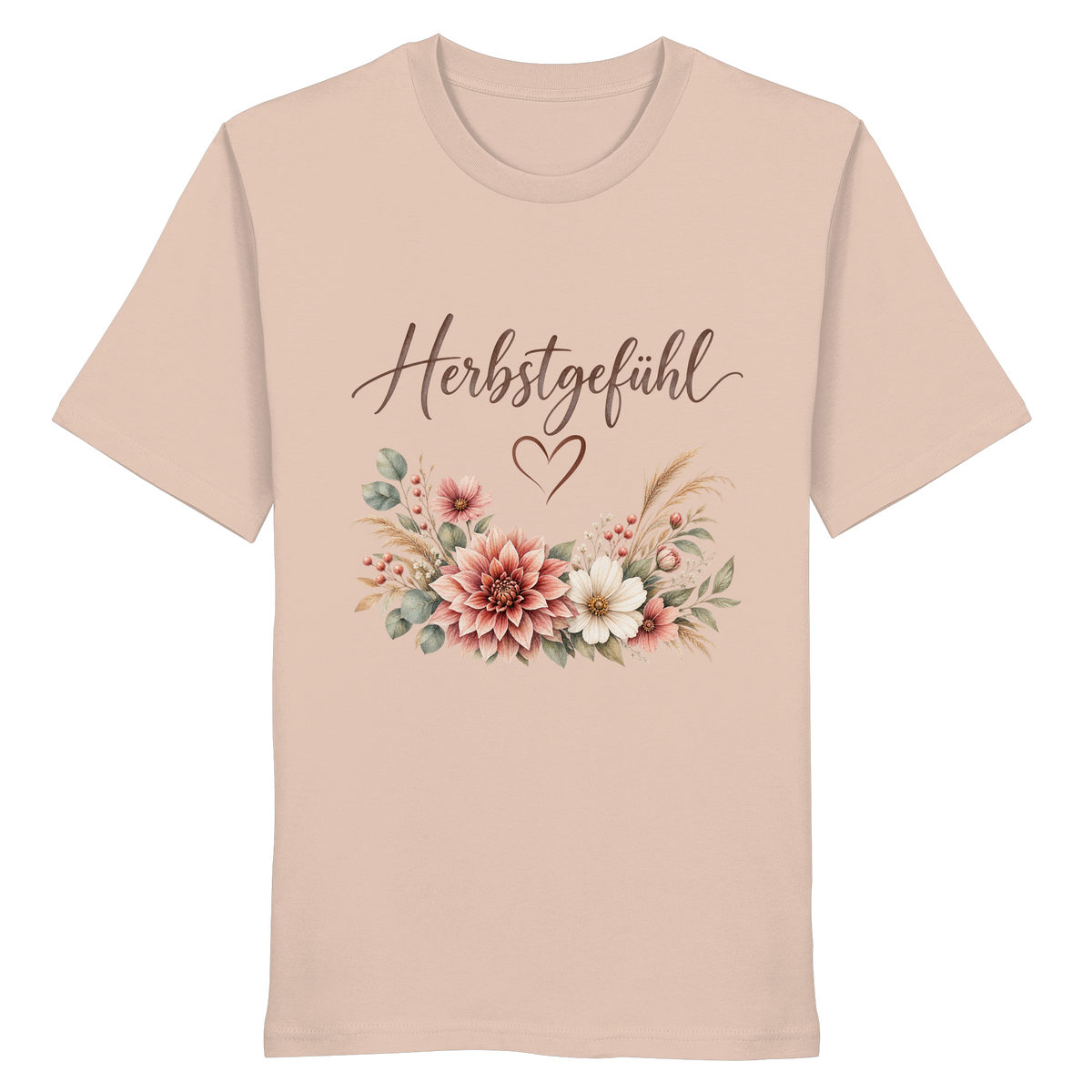 Herbstgefühl – Autumn Bloom – Bio T-Shirt – Vorderansicht in fraiche peche