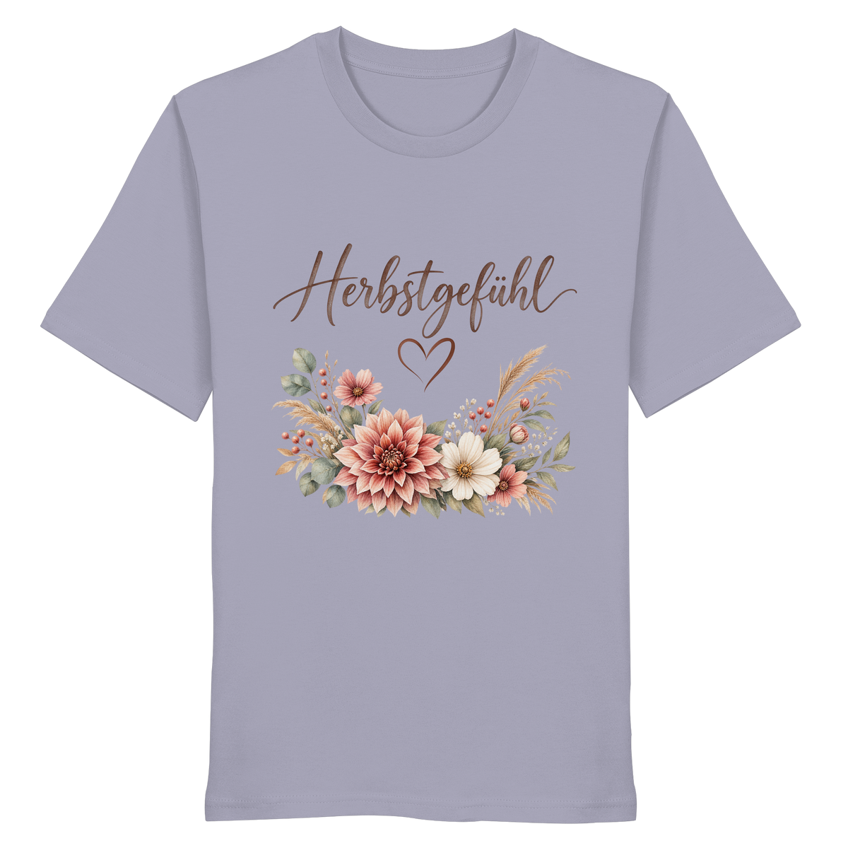 Herbstgefühl – Autumn Bloom – Bio T-Shirt – Vorderansicht in lavender
