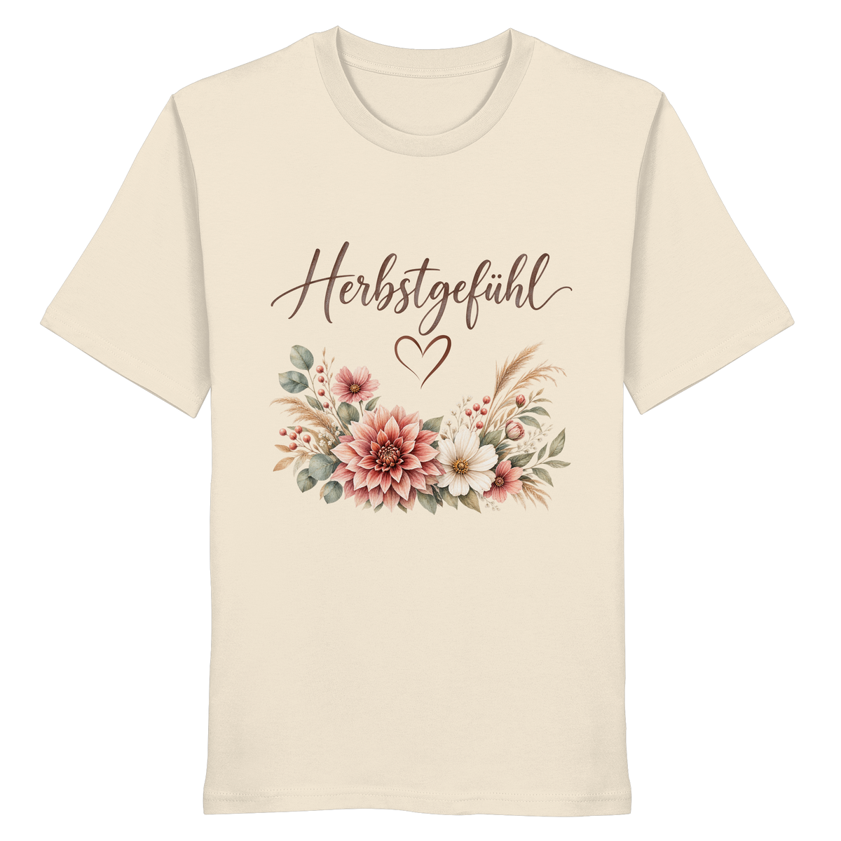 Herbstgefühl – Autumn Bloom – Bio T-Shirt – Vorderansicht in natural raw