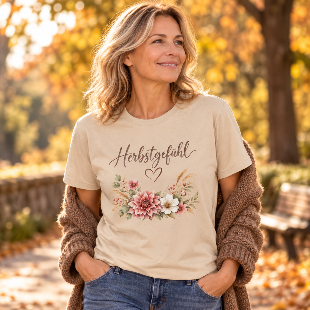 Frau trägt Herbstgefühl Autumn Bloom Essential T-Shirt im herbstlichen Park