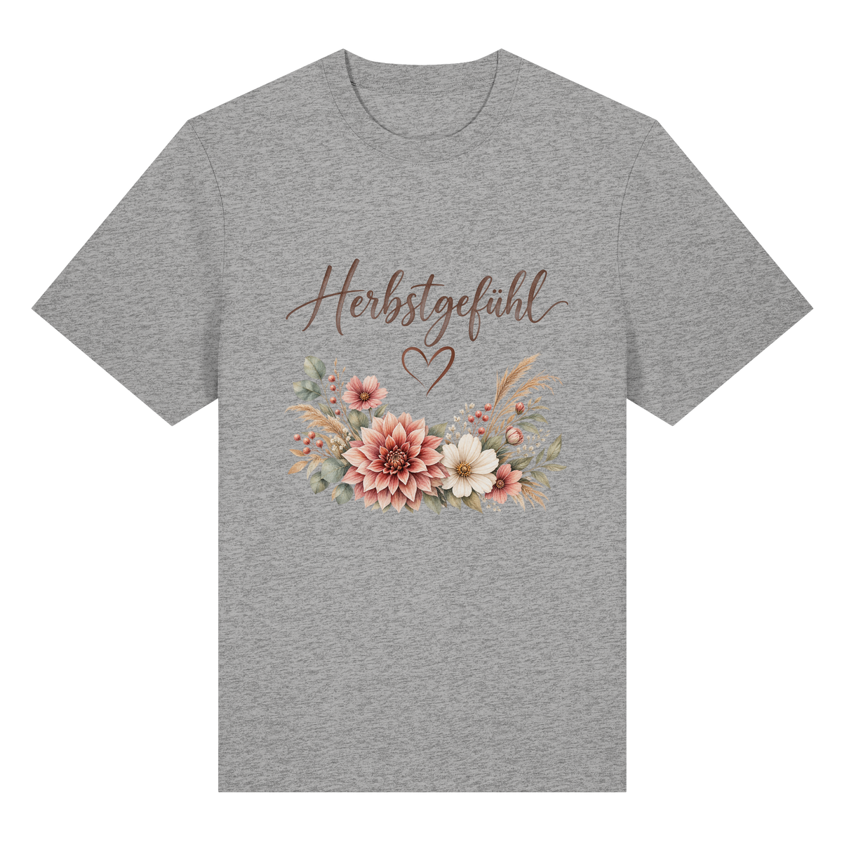 Herbstgefühl – Autumn Bloom – Bio-Heavy T-Shirt – Vorderansicht in heather grey