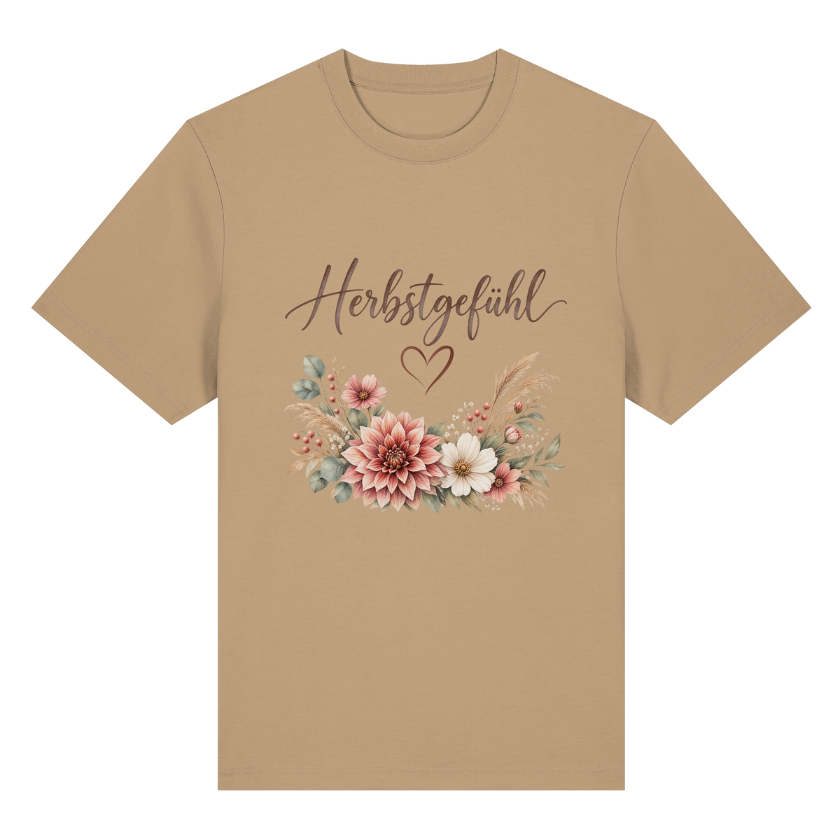 Herbstgefühl – Autumn Bloom – Bio-Heavy T-Shirt – Vorderansicht in latte
