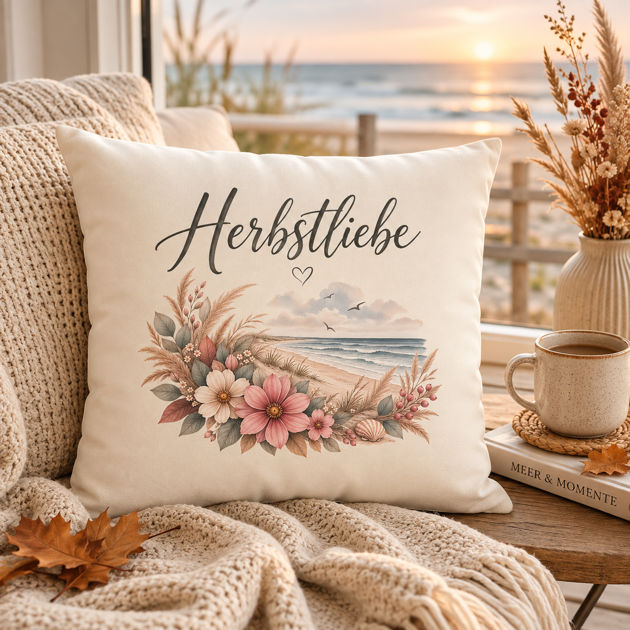 Herbstliebe am Meer Kissen von Nomavé mit floralem Küstenmotiv als gemütliche Herbstdeko am Meer