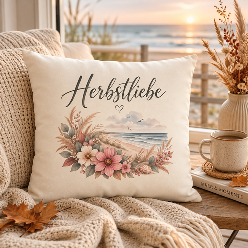 Herbstliebe am Meer Kissen von Nomavé mit floralem Küstenmotiv als gemütliche Herbstdeko am Meer