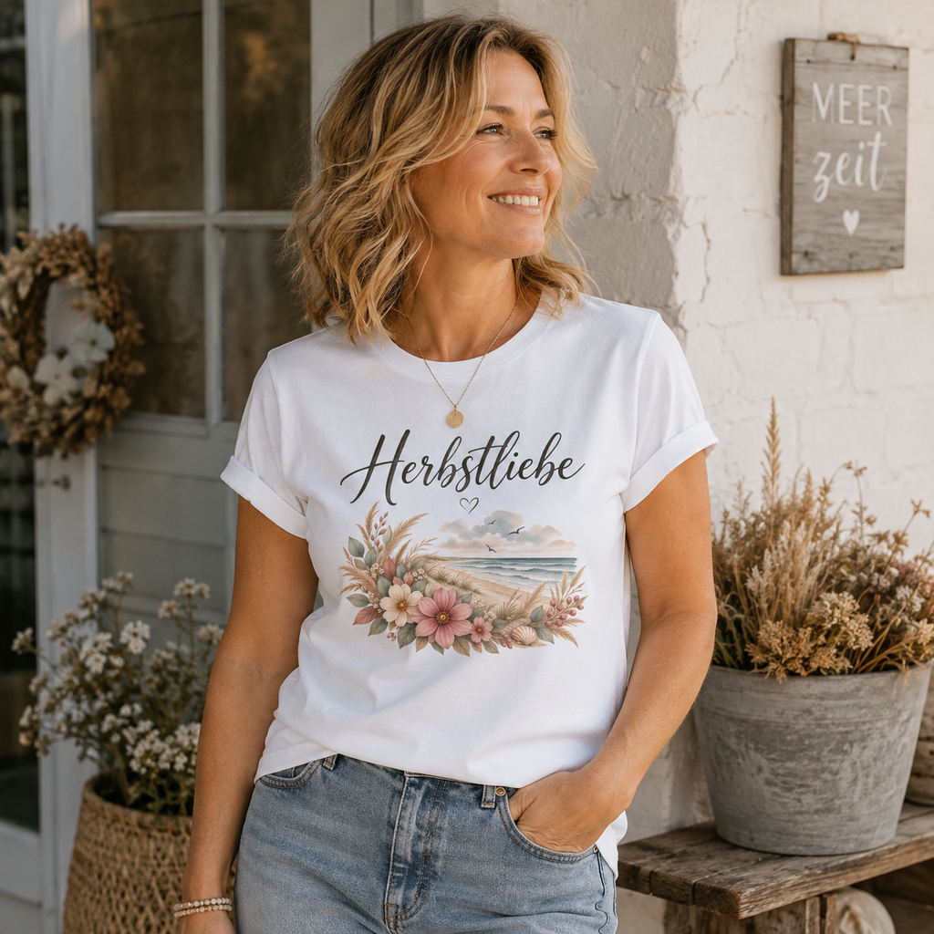 Frau mittleren Alters trägt weißes Ladies Bio T-Shirt Herbstliebe am Meer mit floralem Küstenmotiv