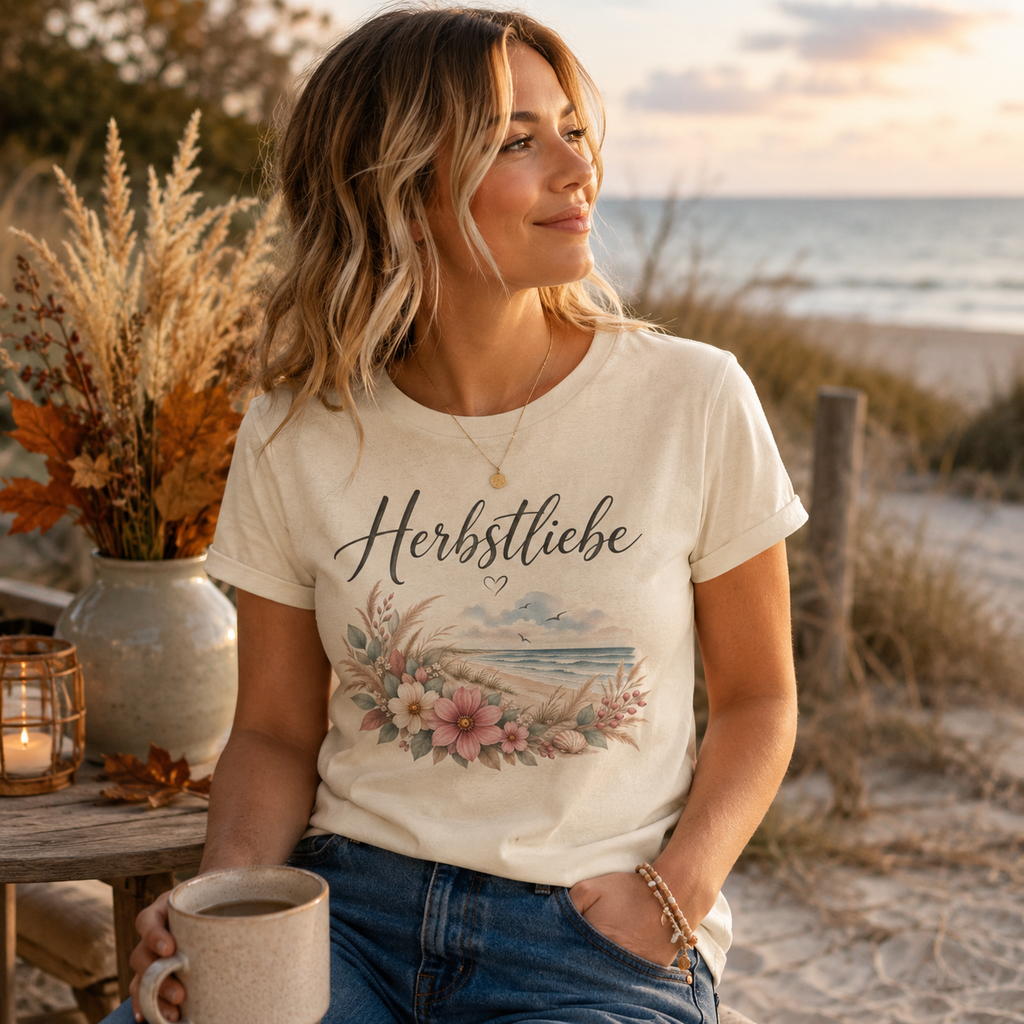 Frau trägt das Ladies Bio T-Shirt Herbstliebe am Meer mit floralem Küstenmotiv am Strand