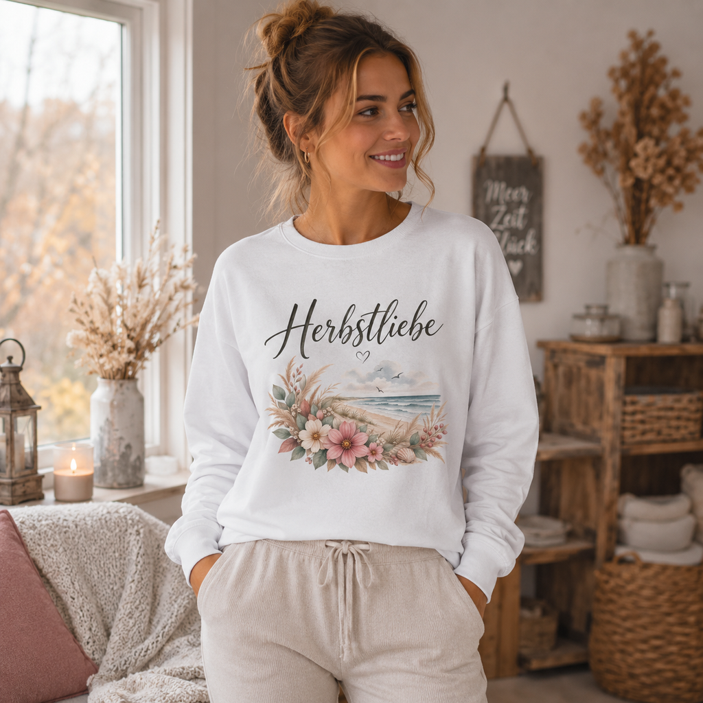 Frau trägt weißes Herbstliebe am Meer Sweatshirt von Nomavé in gemütlicher herbstlicher Umgebung