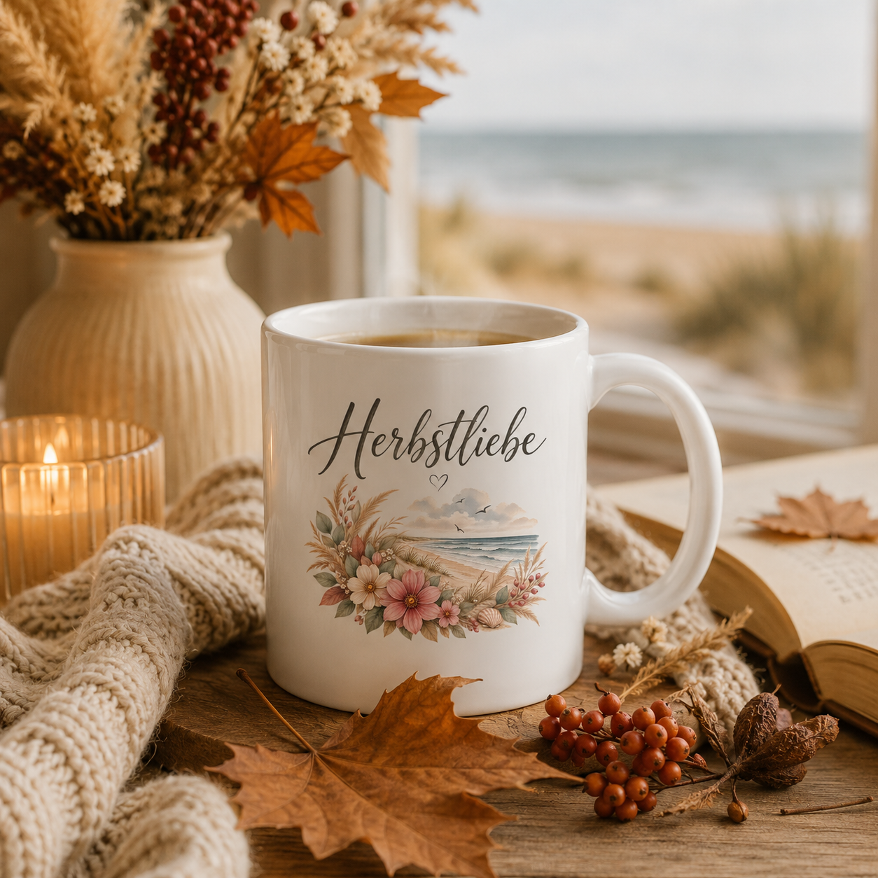 Herbstliebe am Meer Tasse von Nomavé mit floralem Küstenmotiv in gemütlicher herbstlicher Atmosphäre