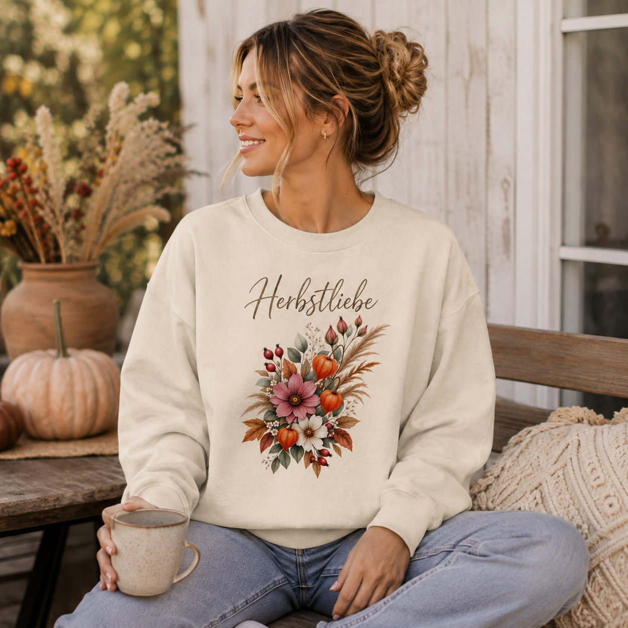 Frau im cremefarbenen Herbstliebe Oversize Sweatshirt mit floralem Herbstmotiv aus der Nomavé Autumn Garden Kollektion