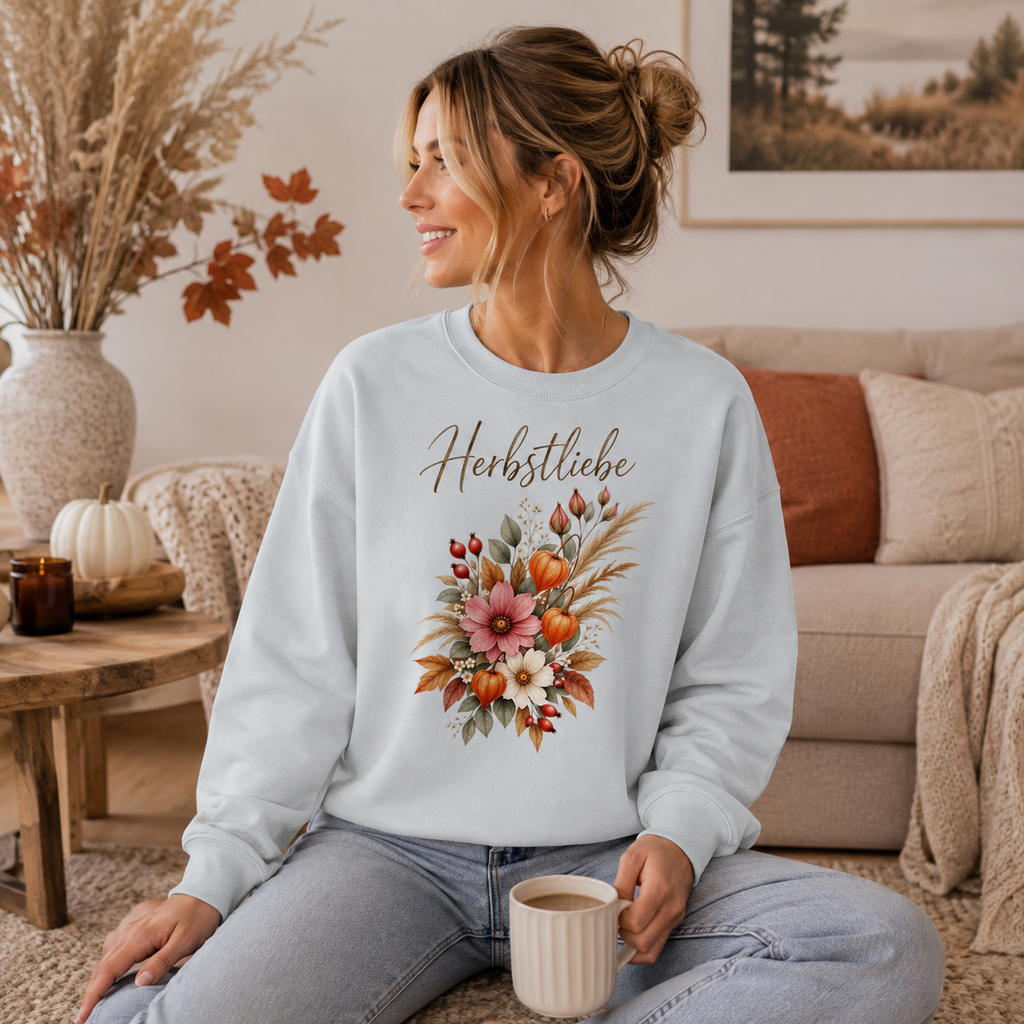Frau im hellblauen Herbstliebe Oversize Sweatshirt mit floralem Herbstmotiv aus der Nomavé Autumn Garden Kollektion
