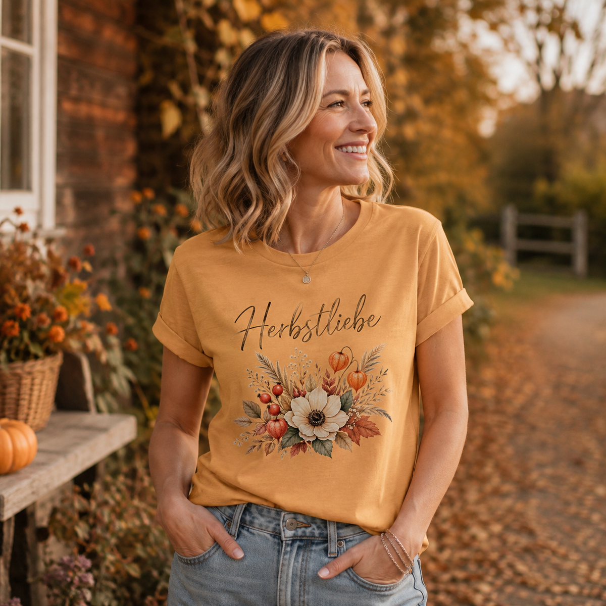 Damen trägt Herbstliebe Golden Harvest T-Shirt mit floralem Herbstmotiv in warmen Orange- und Naturtönen von Nomavé