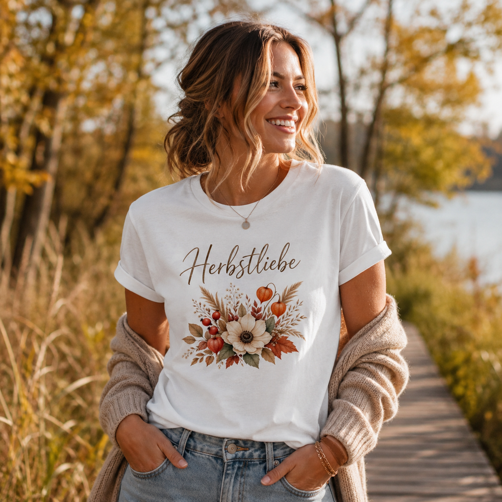 Damen T-Shirt Herbstliebe Golden Harvest mit floralem Herbstmotiv in warmen Naturtönen – nachhaltiges Herbst Shirt von Nomavé