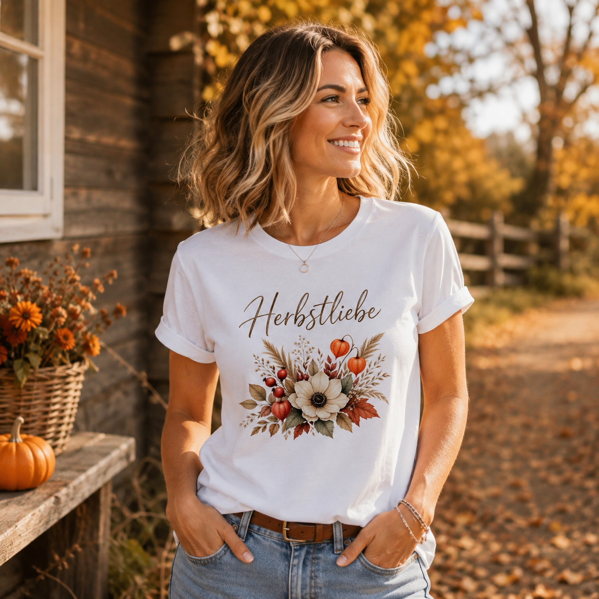 Frau trägt weißes Herbstliebe Golden Harvest Damen T-Shirt mit floralem Herbstmotiv in warmen Naturtönen von Nomavé