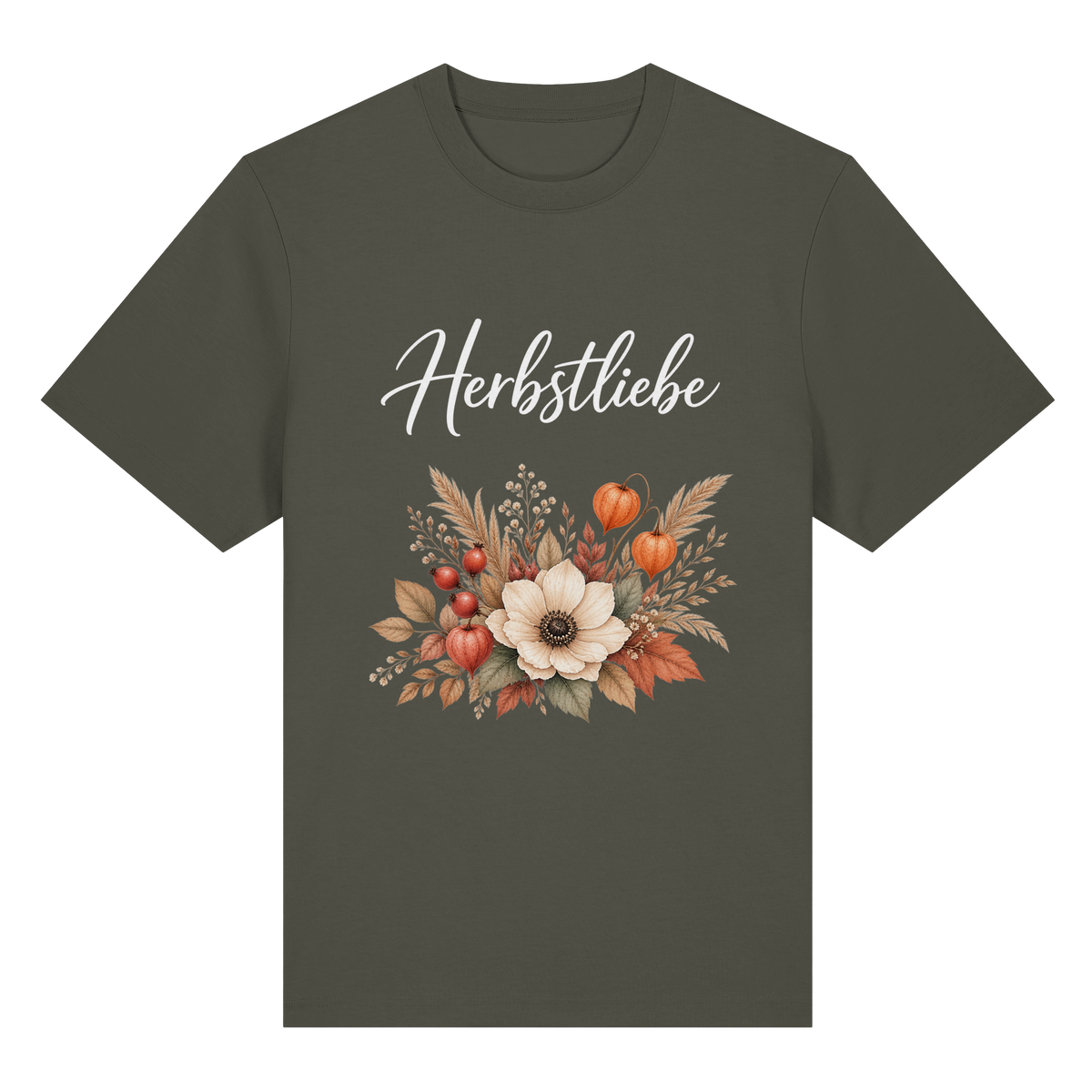 Herbstliebe – Golden Harvest – Dark Edition – Bio-Heavy T-Shirt – Vorderansicht in khaki