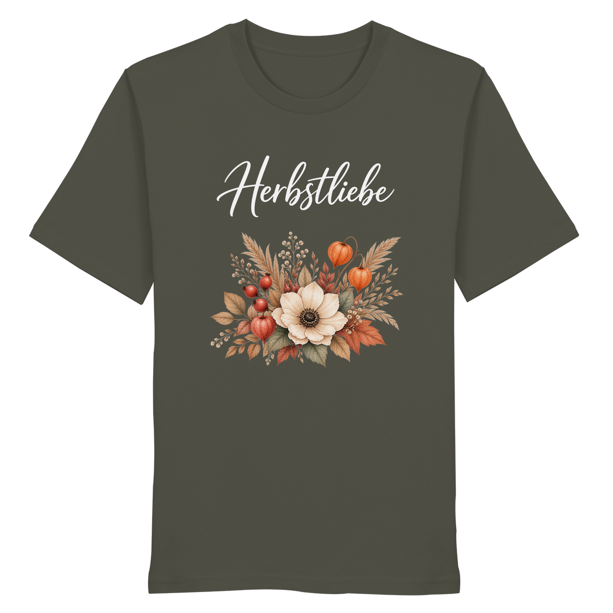 Herbstliebe – Golden Harvest – Dark Edition – Bio T-Shirt – Vorderansicht in khaki