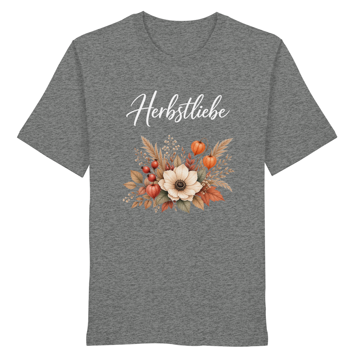 Herbstliebe – Golden Harvest – Dark Edition – Bio T-Shirt – Vorderansicht in mid heather grey