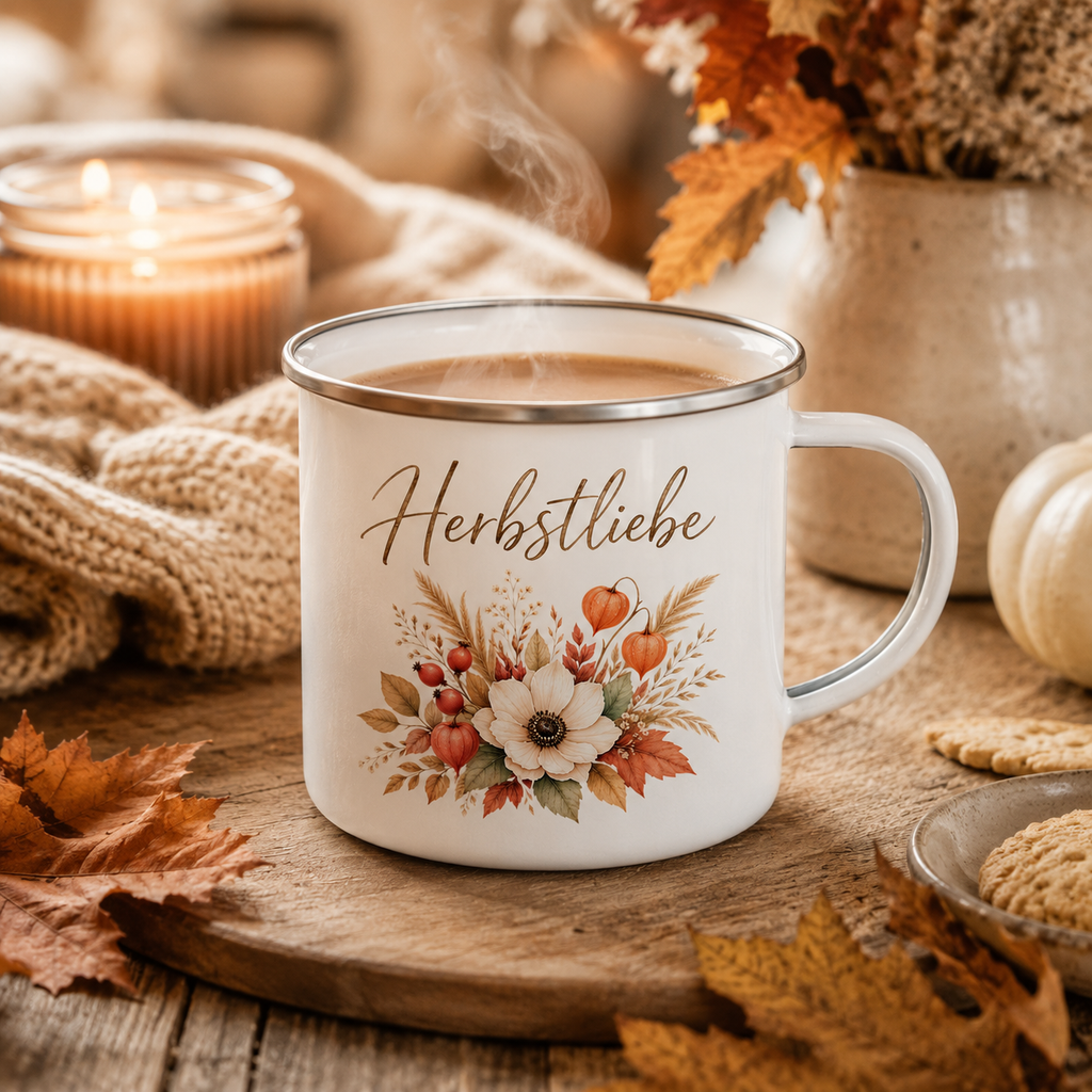Herbstliebe Golden Harvest Emaillebecher mit floralem Herbstmotiv in gemütlicher herbstlicher Atmosphäre