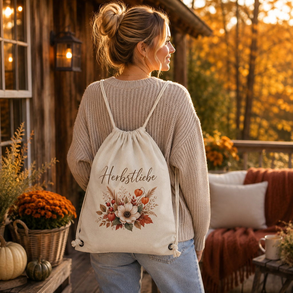 Herbstliebe Golden Harvest Gym Bag von Nomavé – naturfarbener Turnbeutel mit floralem Herbstmotiv im herbstlichen Lifestyle