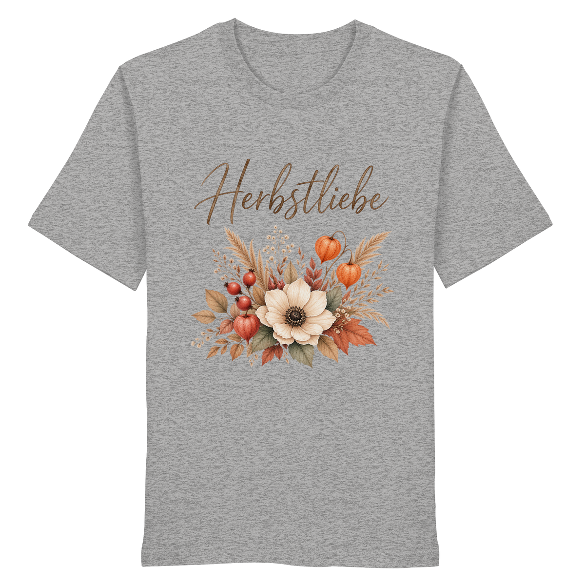 Herbstliebe – Golden Harvest – Helle Edition – Bio T-Shirt – Vorderansicht in heather grey