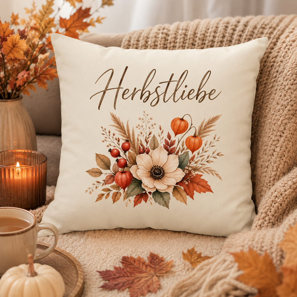 Herbstliebe Kissen mit floralem Herbstmotiv in Creme als gemütliche Herbstdekoration auf dem Sofa