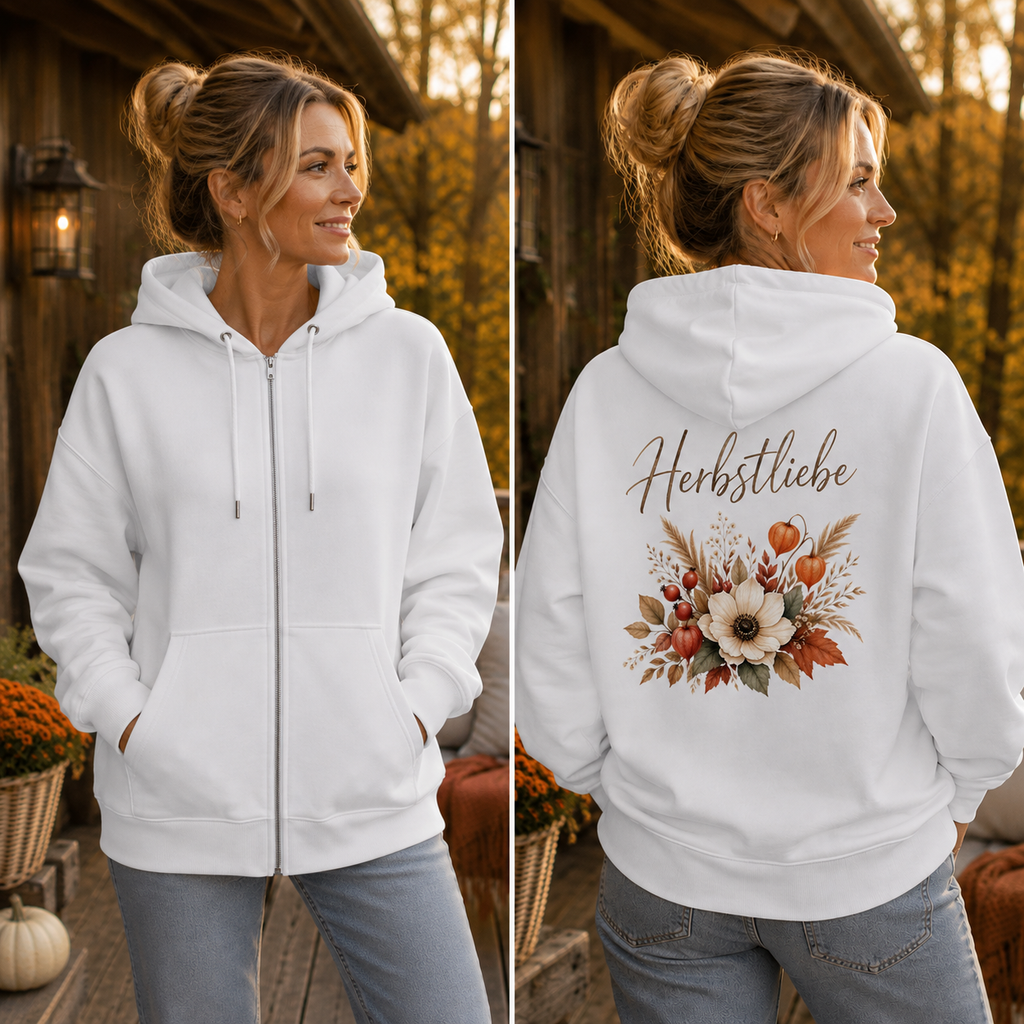 Weißer Organic Relaxed Zipper Herbstliebe Golden Harvest von Nomavé – Lifestyle-Ansicht mit Vorder- und Rückseite sowie floralem Herbstmotiv auf dem Rücken