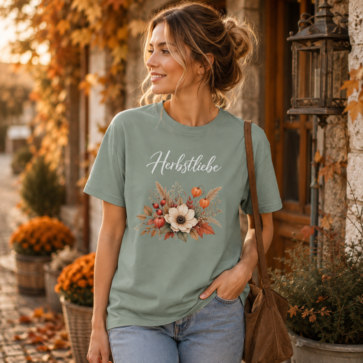 Frau trägt salbeigrünes Herbstliebe Organic Shirt mit floralem Herbstmotiv von Nomavé in herbstlicher Umgebung