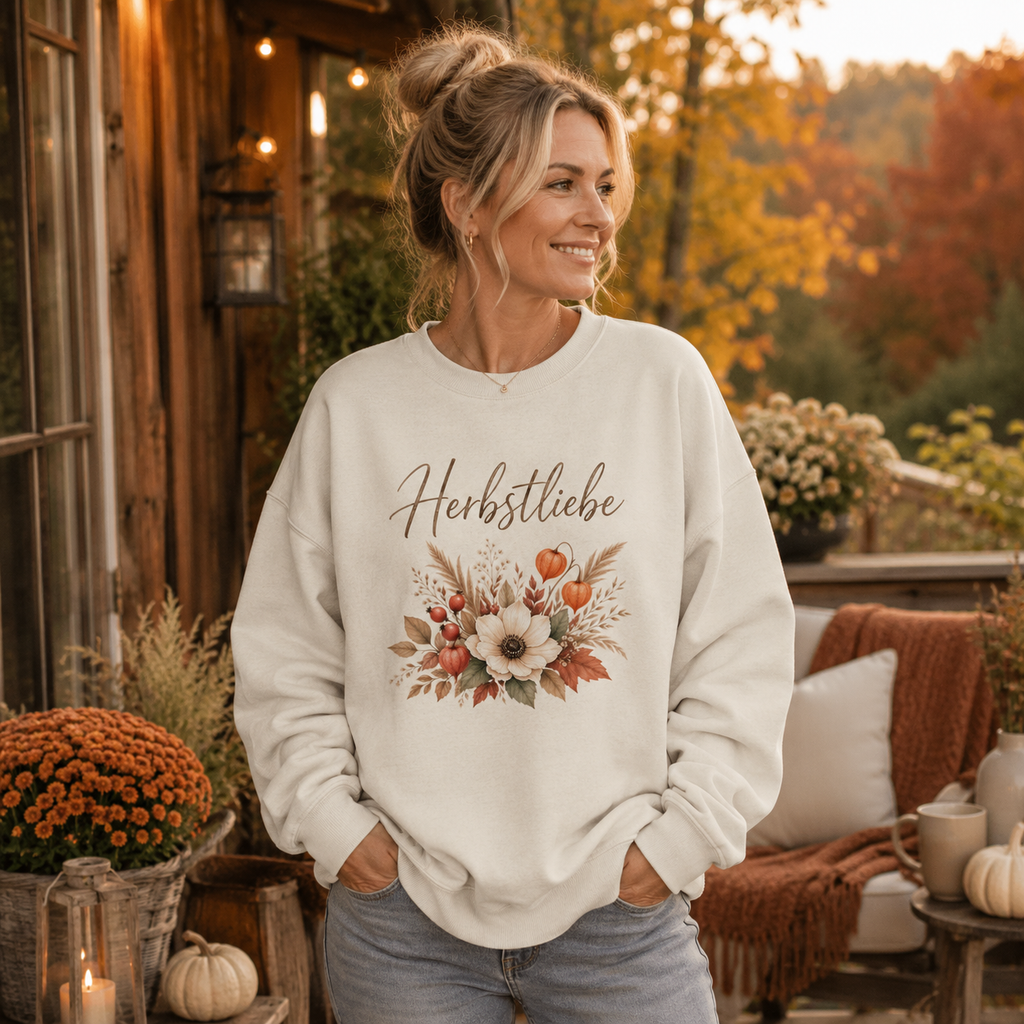 Frau trägt das cremefarbene Herbstliebe Golden Harvest Oversize Sweatshirt mit floralem Herbstmotiv in gemütlicher herbstlicher Atmosphäre