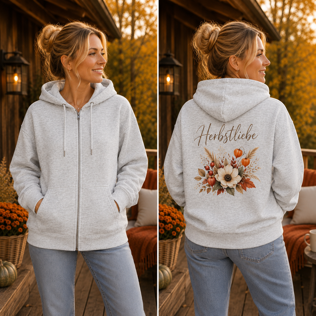 Grauer Relaxed Zipper Herbstliebe Golden Harvest von Nomavé – zweigeteilte Lifestyle-Ansicht mit Vorderseite und floralem Herbstmotiv auf dem Rücken