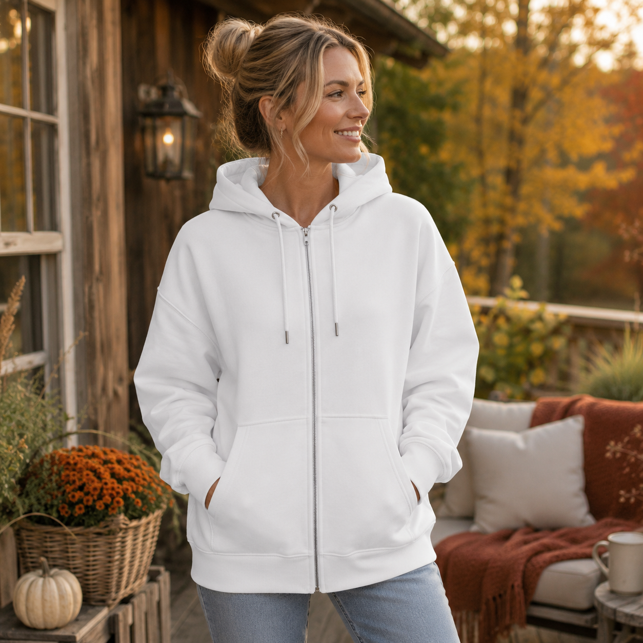 Frau trägt weißen Herbstliebe Golden Harvest Organic Relaxed Zipper in Vorderansicht in herbstlicher Atmosphäre