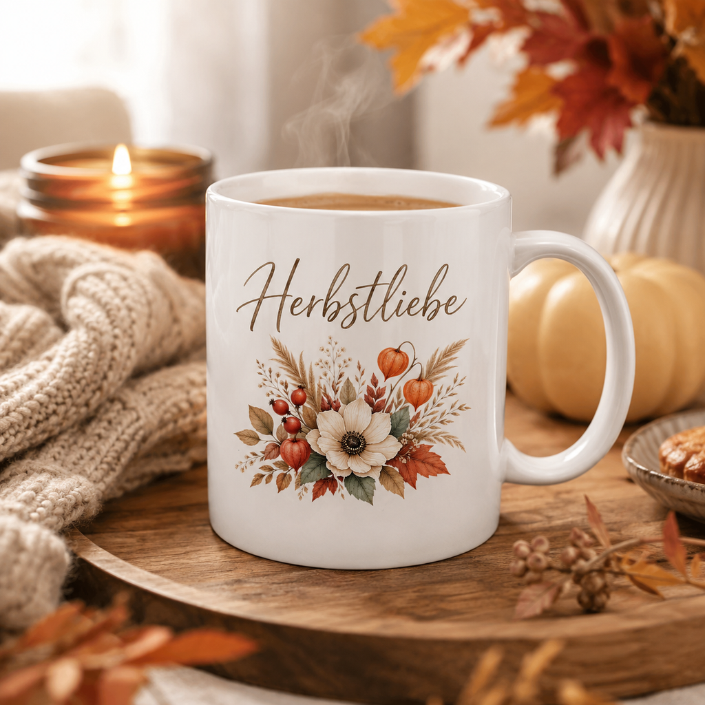 Herbstliebe Golden Harvest Tasse mit floralem Herbstmotiv in gemütlicher herbstlicher Atmosphäre