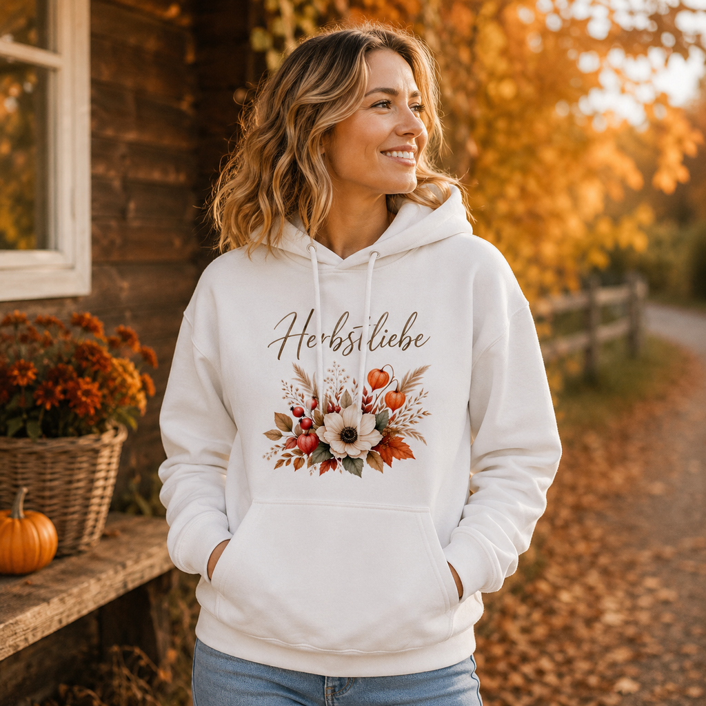 Frau trägt weißen Herbstliebe Golden Harvest Unisex Hoodie mit floralem Herbstmotiv in warmen Naturtönen von Nomavé