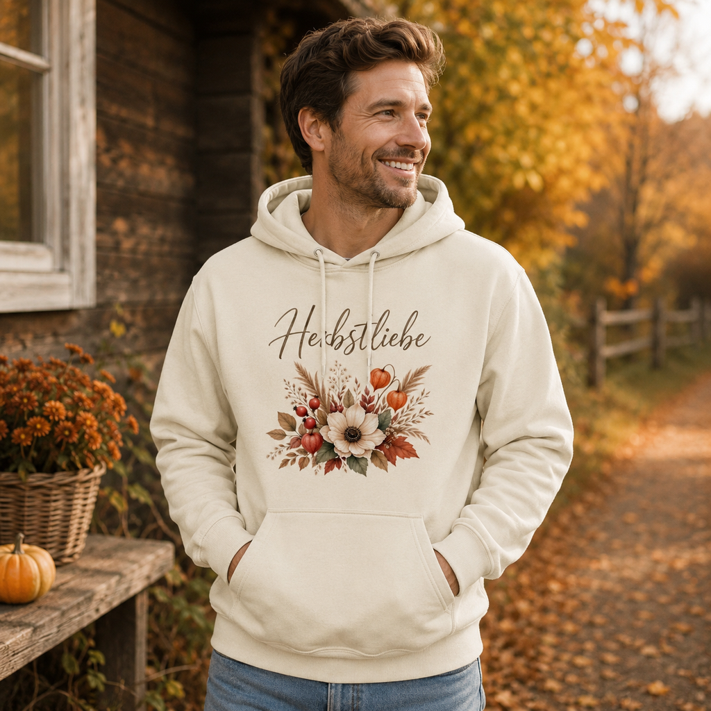 Mann trägt cremefarbenen Herbstliebe Golden Harvest Unisex Hoodie mit floralem Herbstmotiv in warmen Naturtönen von Nomavé