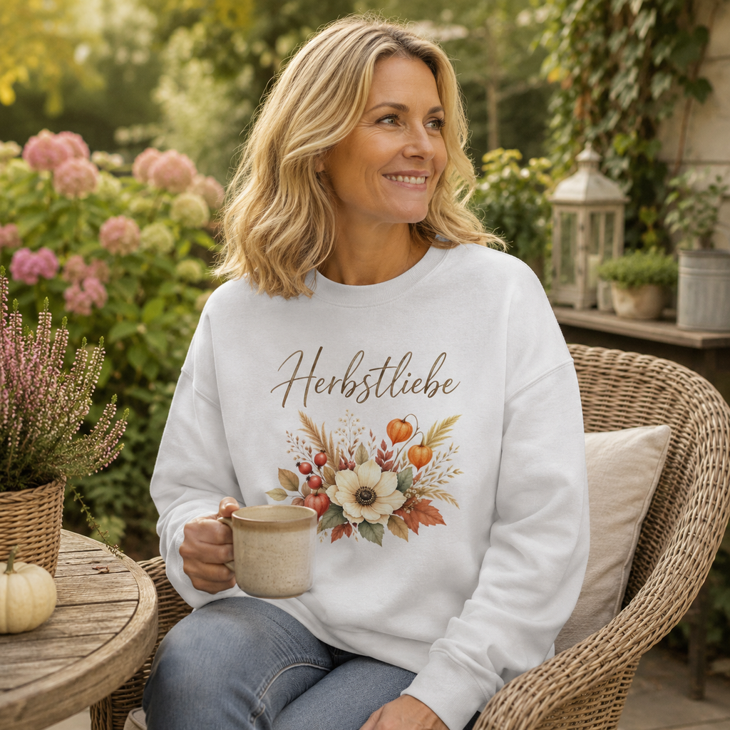 Frau trägt weißes Herbstliebe Golden Harvest Unisex Sweatshirt mit floralem Herbstmotiv im herbstlichen Garten