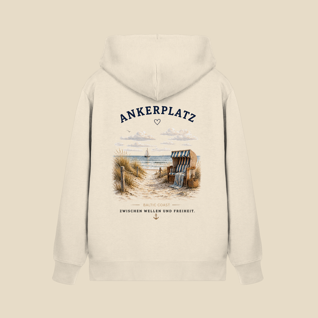Ankerplatz Hoodie – Küstengefühl Sea & Soul – Bio Hoodie mit Rückenprint