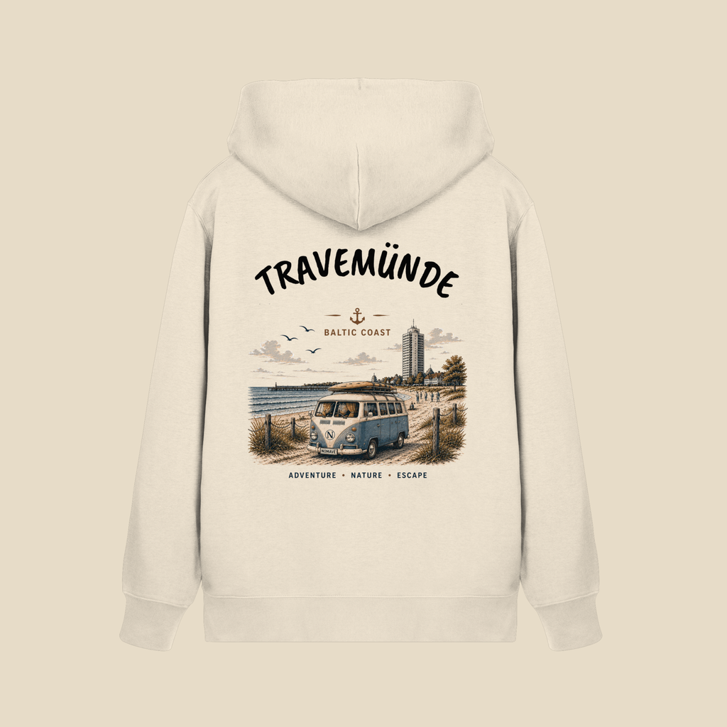 Travemünde Bulli Rückenprint – Bio Hoodie mit Küstenmotiv - Kapuzenpullover