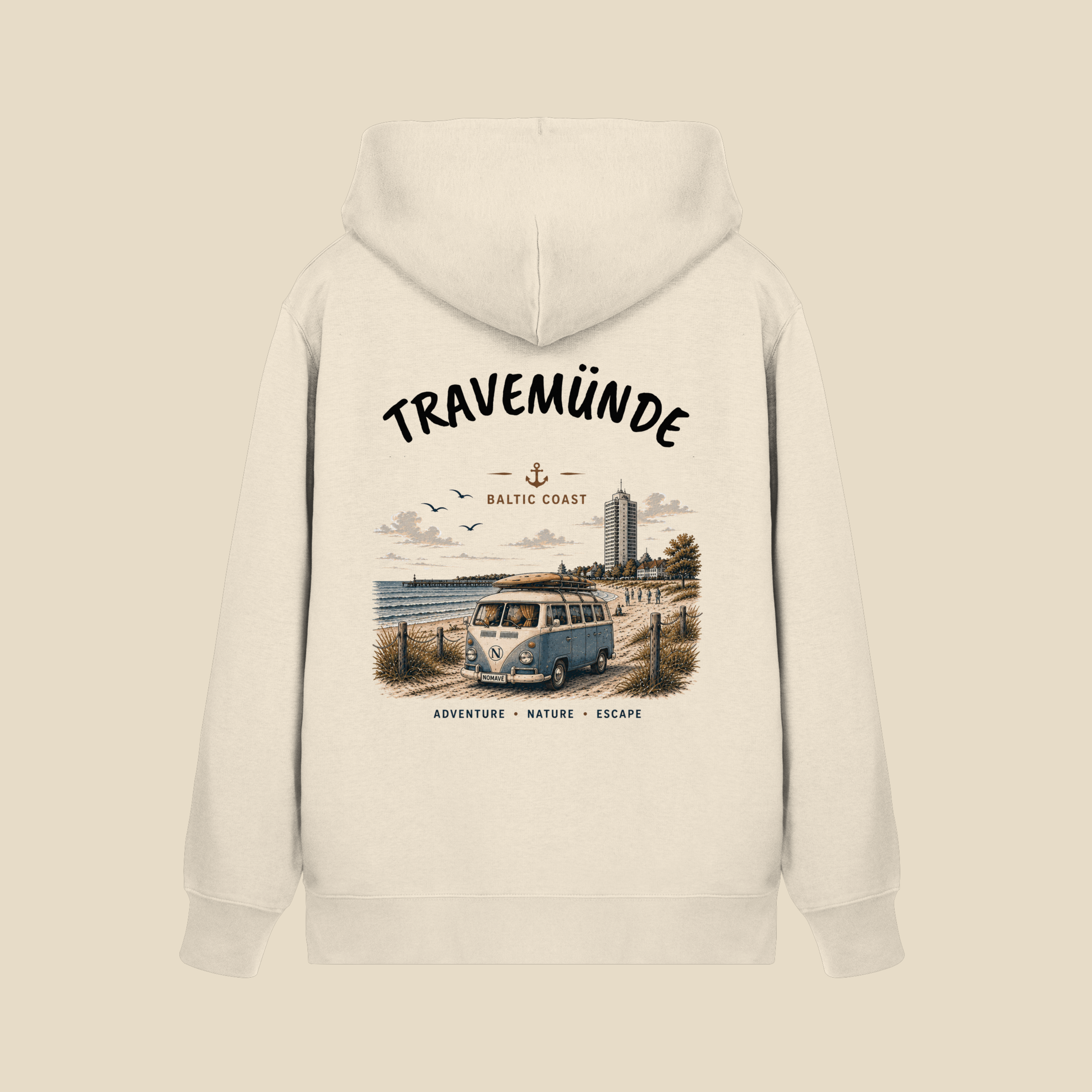Travemünde Bulli Rückenprint – Bio Hoodie mit Küstenmotiv - Kapuzenpullover