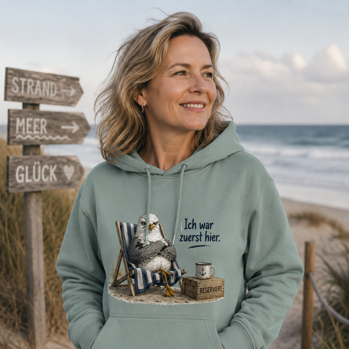 Frau am Strand im grünen Hoodie mit Möwe und Spruch „Ich war zuerst hier“ aus der Nomavé Küstenhumor Kollektion