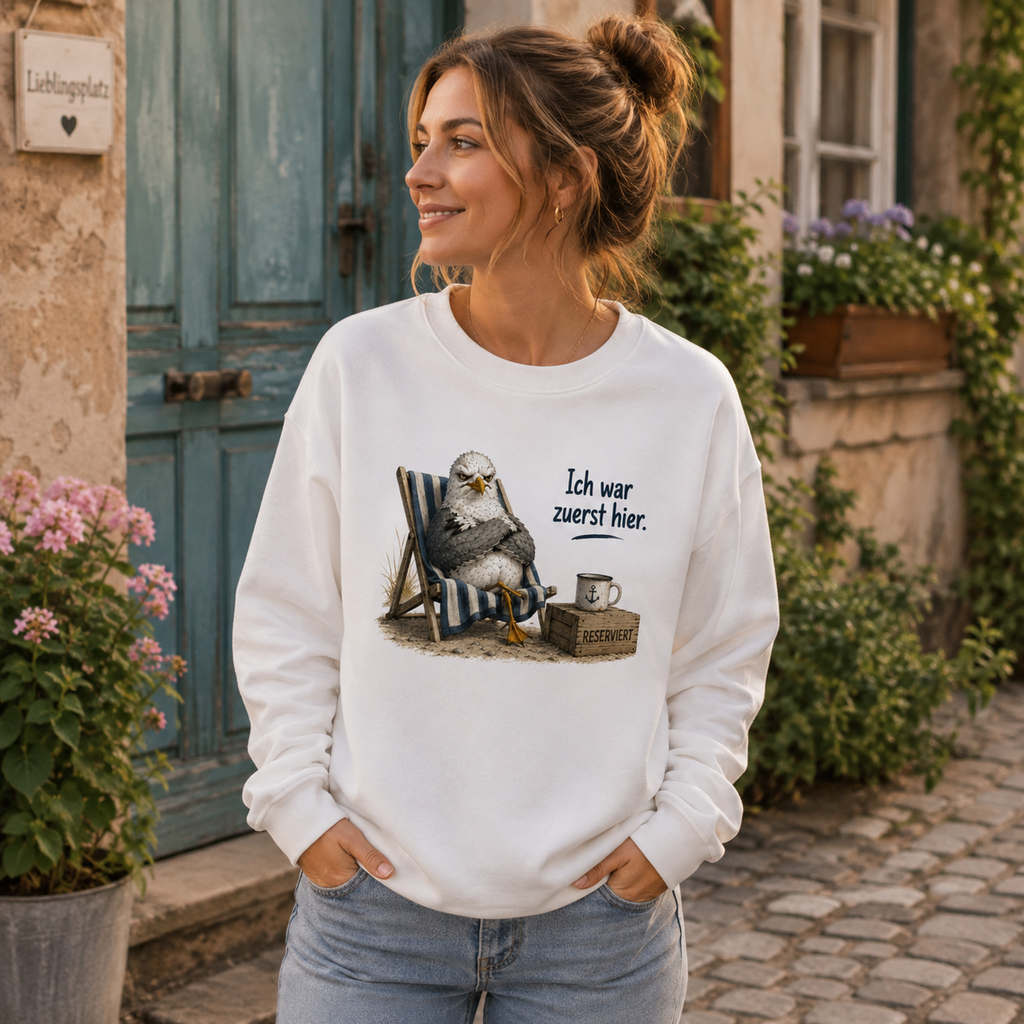 Frau trägt weißes Nomavé Sweatshirt mit Möwe im Strandstuhl und Spruch „Ich war zuerst hier“ – humorvolle Küstenmode