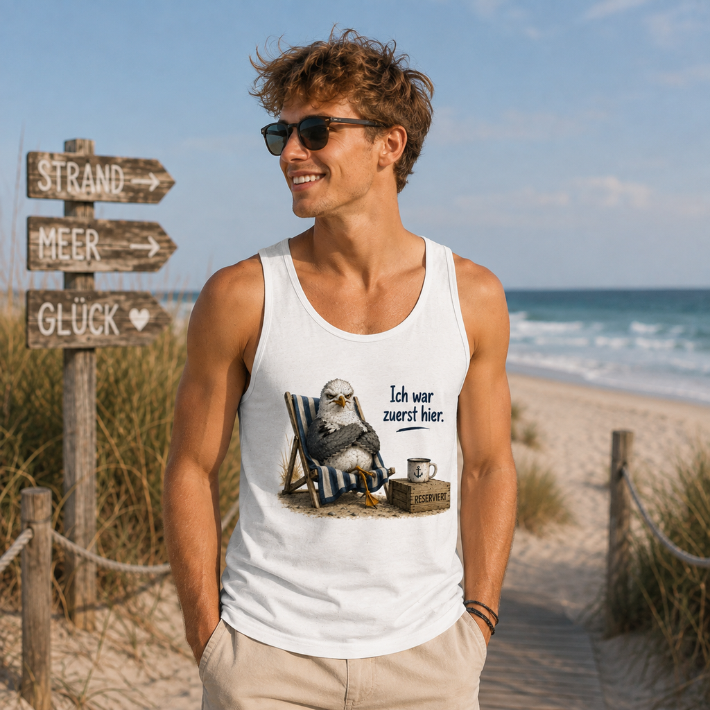 Junger Mann am Strand im weißen Tanktop mit Möwe und Spruch „Ich war zuerst hier“ aus der Nomavé Küstenhumor Kollektion