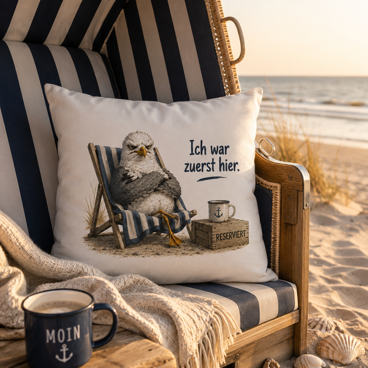 Kissen „Ich war zuerst hier“ mit frecher Möwe im Strandkorb am Strand – maritimes Küstenhumor-Design von Nomavé