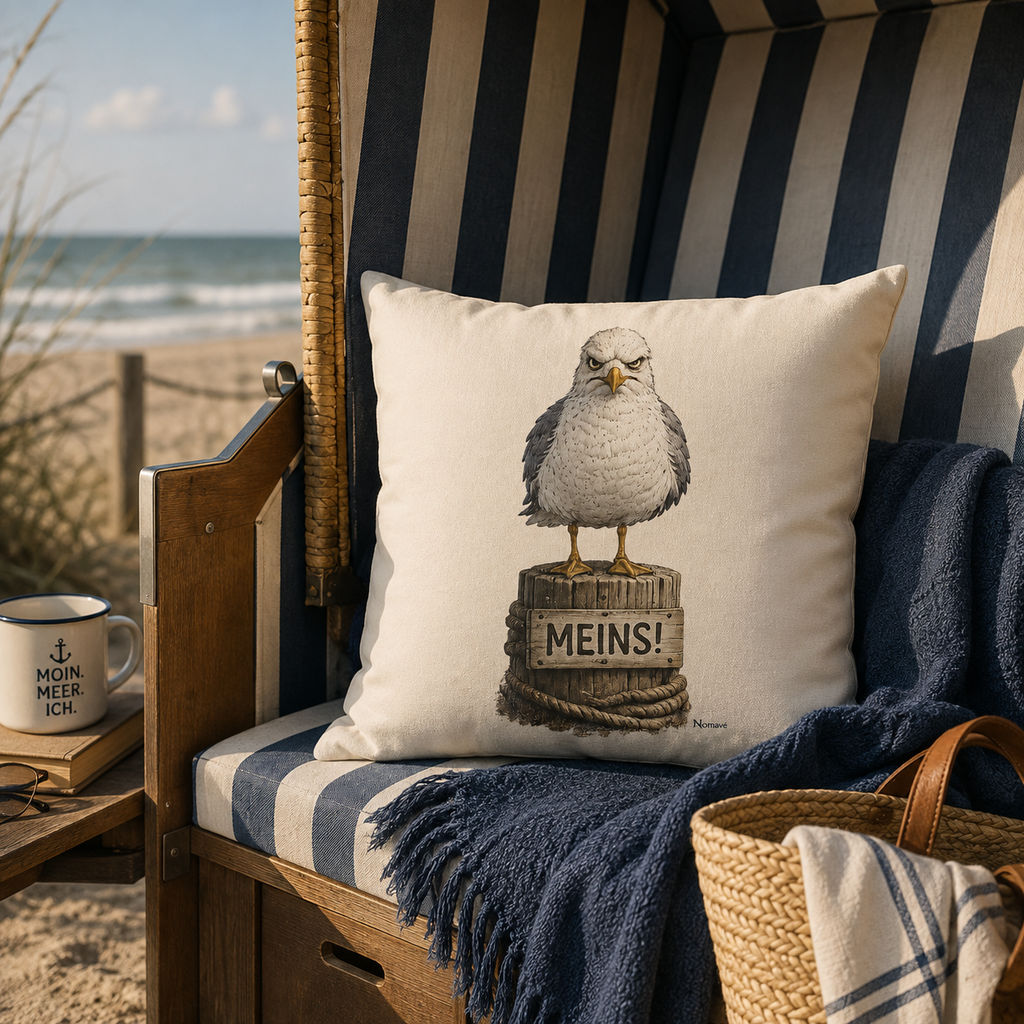 Dekokissen von Nomavé mit dem Motiv „Möwe mit Meinung – MEINS!“ in einem gemütlichen Strandkorb an der Ostsee. Das maritime Sofakissen mit der grimmigen Möwe Alpha auf einem Poller sorgt für norddeutschen Küstenhumor und eine entspannte Wohlfühlatmosphäre zuhause oder im Ferienhaus.