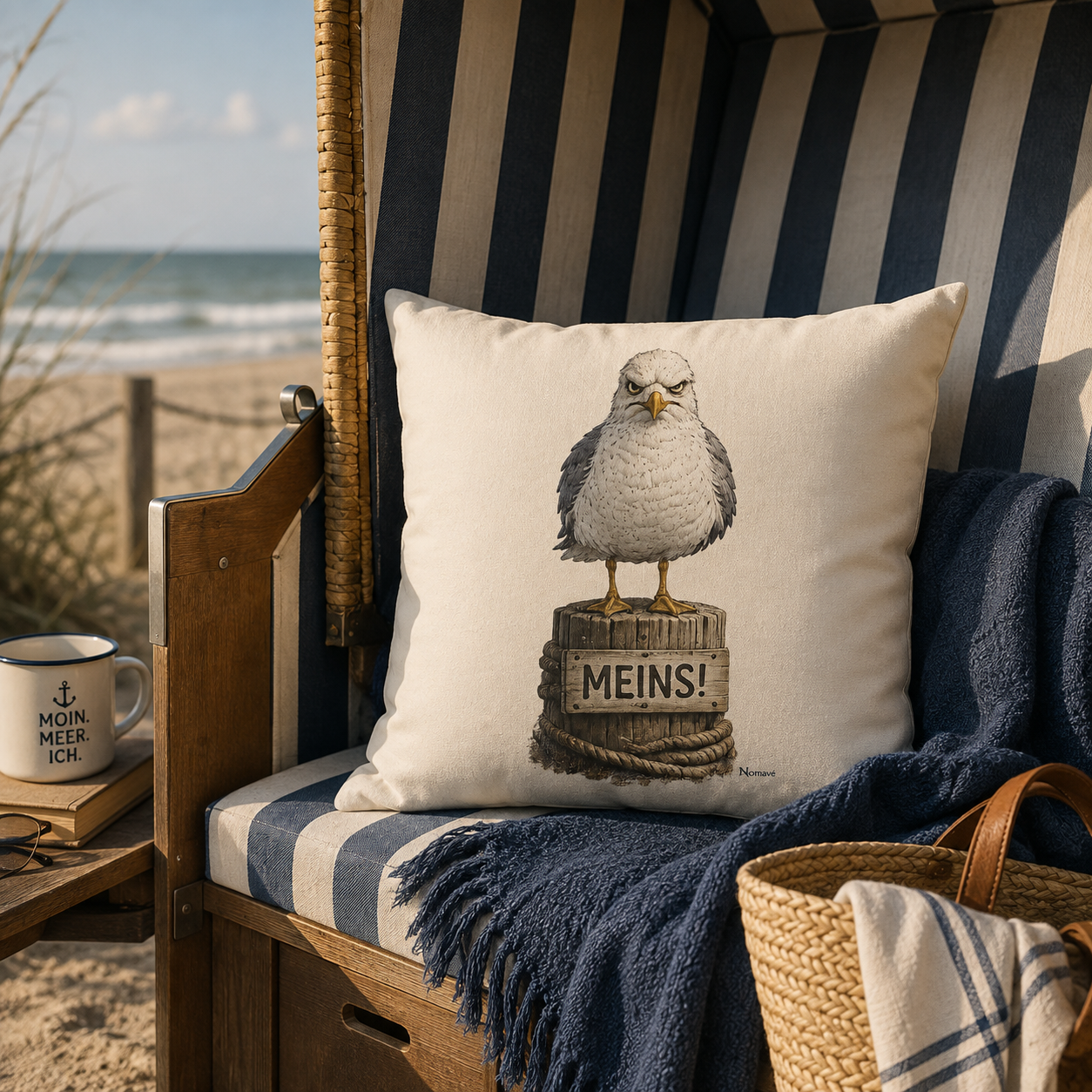 Dekokissen von Nomavé mit dem Motiv „Möwe mit Meinung – MEINS!“ in einem gemütlichen Strandkorb an der Ostsee. Das maritime Sofakissen mit der grimmigen Möwe Alpha auf einem Poller sorgt für norddeutschen Küstenhumor und eine entspannte Wohlfühlatmosphäre zuhause oder im Ferienhaus.