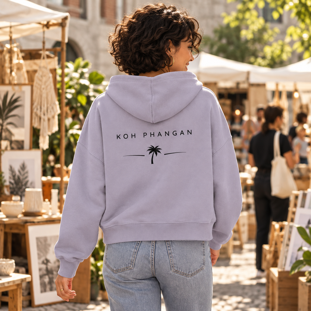 Lavender Damen Bio Boxcut Hoodie mit Koh-Phangan-Minimal-Backprint auf einem Designmarkt
